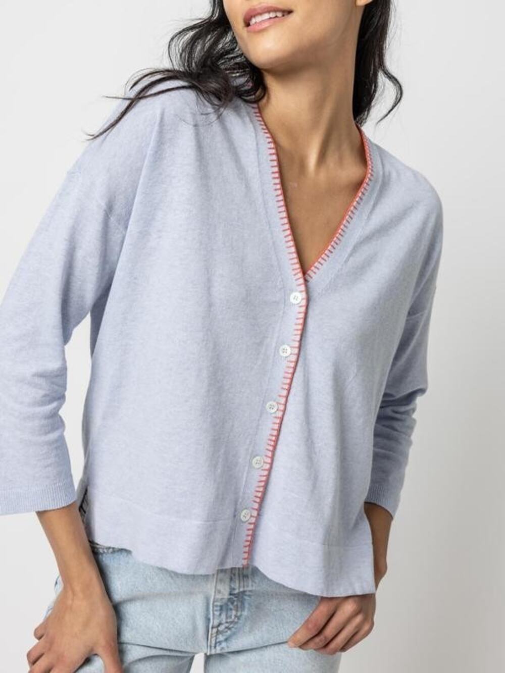 Lilla P Blanket Stitch cotton linen Cardigan blue Y2K Women Size Large A010981